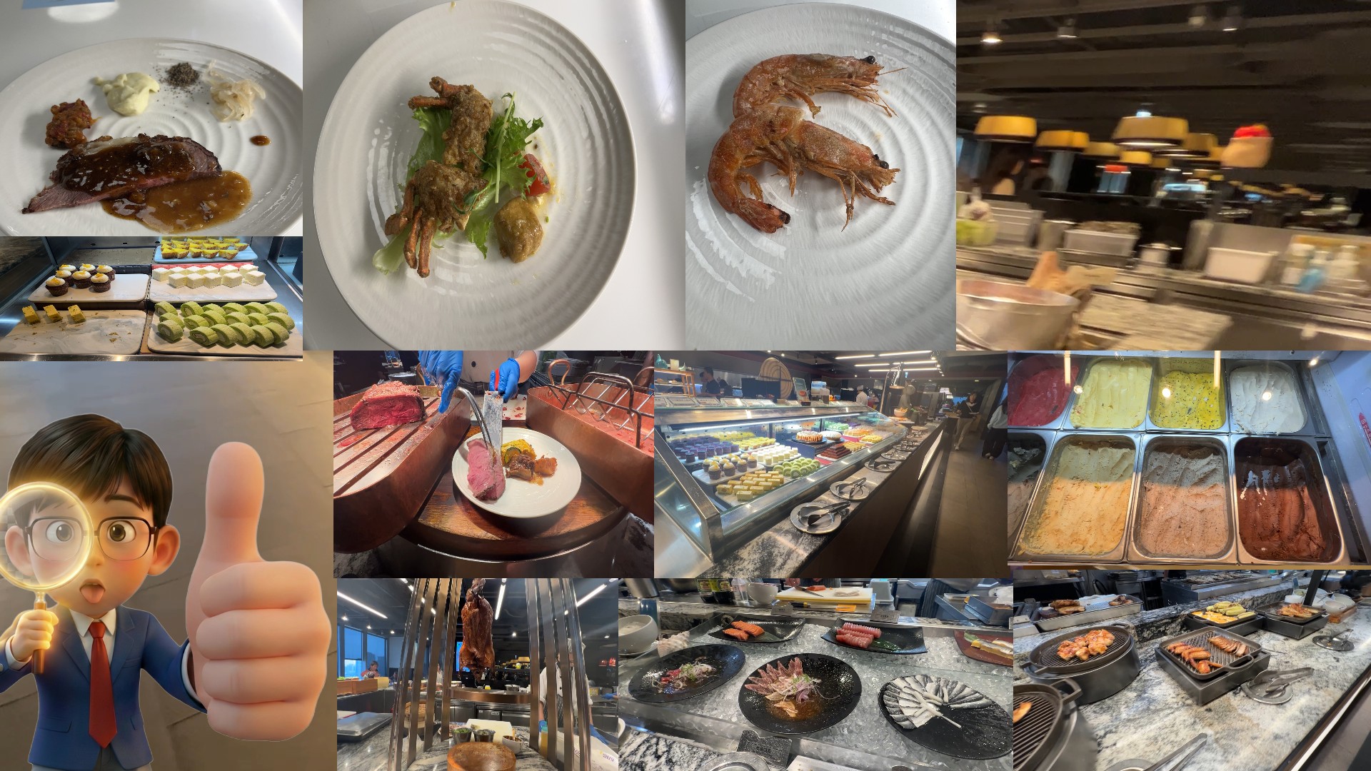 替代文字: Anime character Chewing Brother giving a thumbs up with a collage of premium buffet food including steak, sashimi, and desserts at Eat Together Taiwan. / 台湾「饗食天堂」の豪華食べ放題コラージュとアニメキャラChewing Brother。